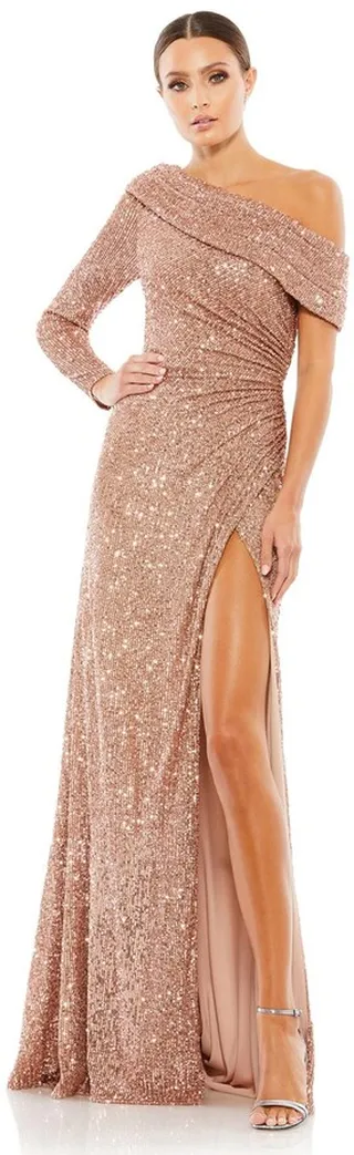 Sequined Drop Shoulder Faux Wrap Gown