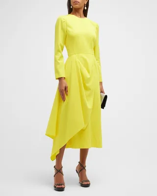 Side Drape Long-Sleeve Midi Dress