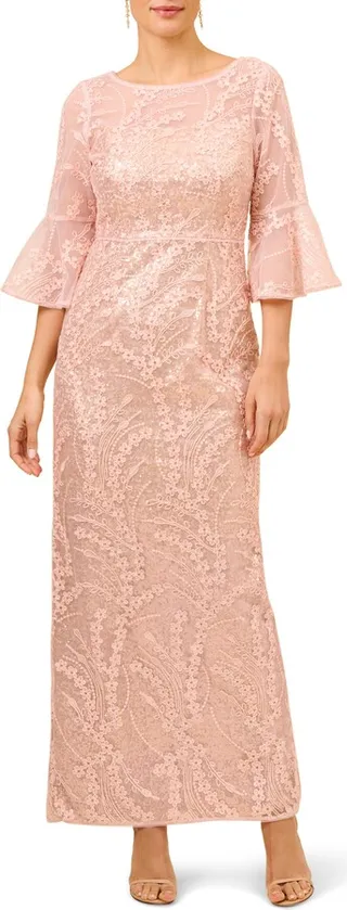 Sequin Floral Embroidered Column Gown