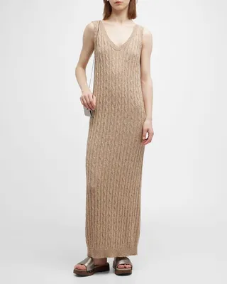 Linen-Blend Diamante Cable Knit Maxi Dress