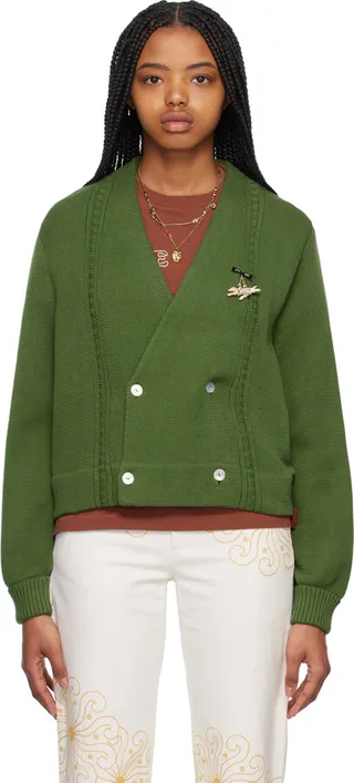 Bode Green Double-Breasted Cardigan