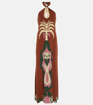 Embroidered crepe de chine maxi dress