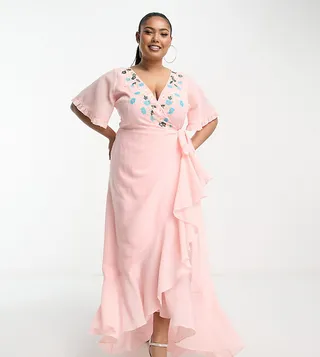 Maya Plus embroidered wrap midaxi dress in veiled rose