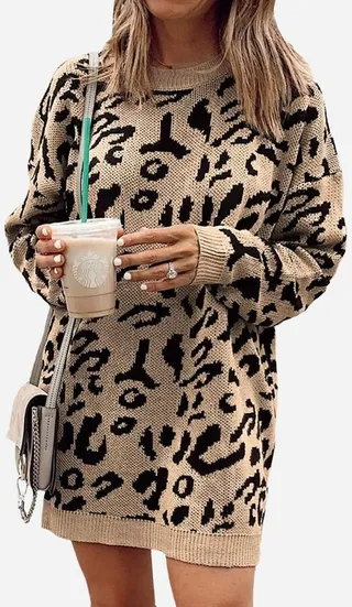 Women's Leopard Print Drop Long Sleeve Sweater Dress -Cupshe-L
