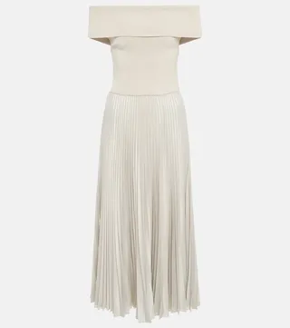 Off-the-shoulder pleated midi dress