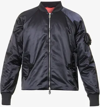 Mens Tribe Branded-hardware Boxy-fit Padded Satin Bomber Jacket