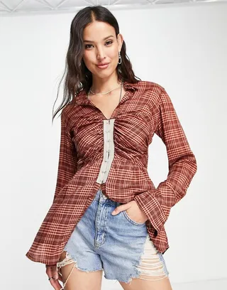 Free People fitted shirt in red check print