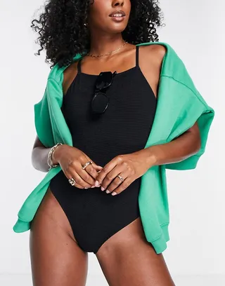 Topshop crinkle square neck high leg swimsuit in black