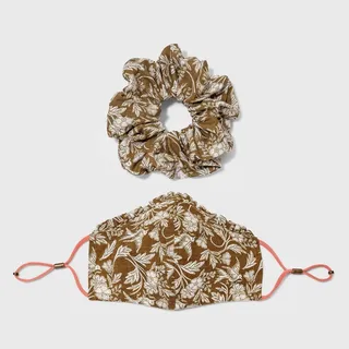 Women's Ruffle Trim Floral Print Face Mask + Hair Twister - Universal Thread™ Brown One Size