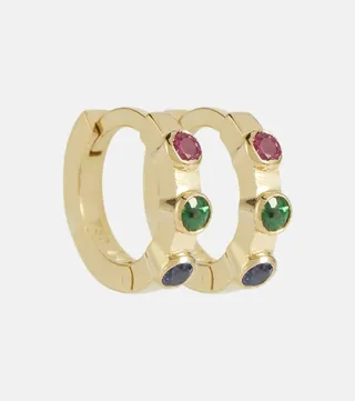 Rainbow Stepping Stone 18kt yellow gold midi hoop earrings with rubies and sapphires