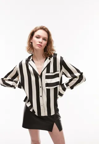 Topshop relaxed pj stripe shirt in monochrome
