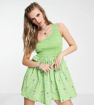 COLLUSION one shoulder shirred gingham mini dress with embroidery in green
