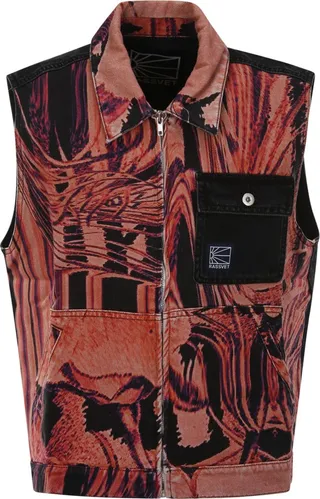Men Flower Print Denim Sleeveless Jacket Woven