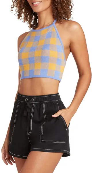 Check Knit Halter Crop Top