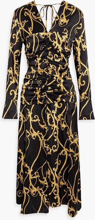 Ruched printed silk-blend satin midi dress
