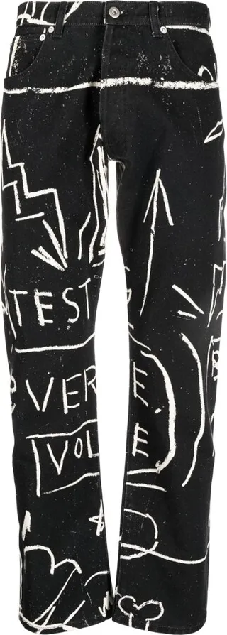 Doodle-Print Straight-Leg Trousers