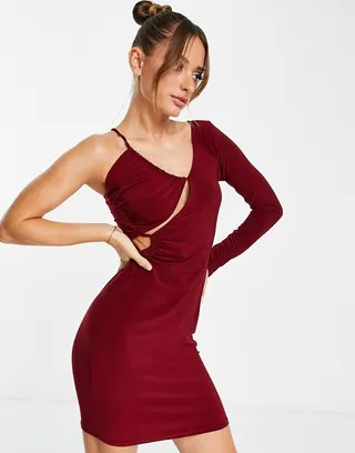 Trendyol one sleeve mini dress with cut out detail in burgundy