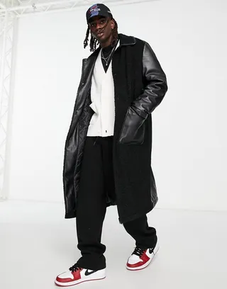 ASOS DESIGN faux leather and shearling coat in black