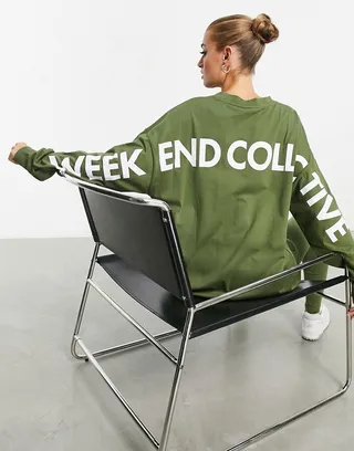 ASOS Weekend Collective long sleeve t-shirt with stacked back graphic in khaki