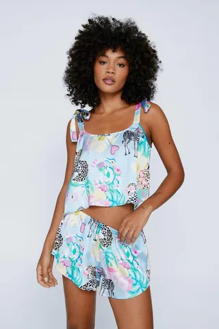 Nasty Gal Womens Satin Animal Floral Tie Shoulder Top And Shorts Set