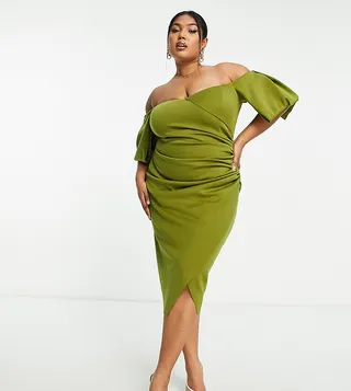 ASOS DESIGN Curve sweetheart off the shoulder midi dress in olive