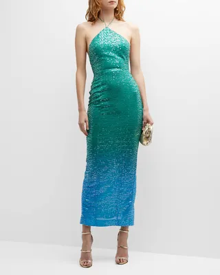 Jasmin Open-Back Halter Ombre Sequin Gown