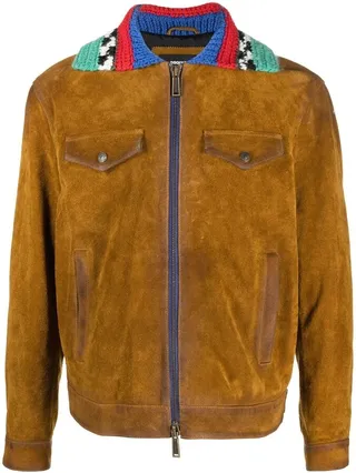 Knitted-Collar Suede Jacket
