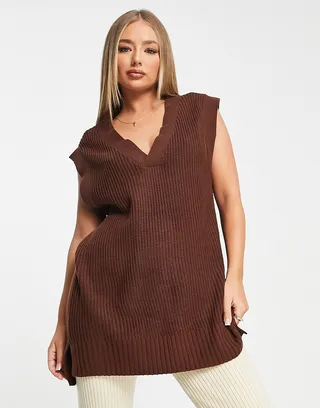 Threadbare Chestnut sleeveless oversized V-neck sweater in chocolate brown