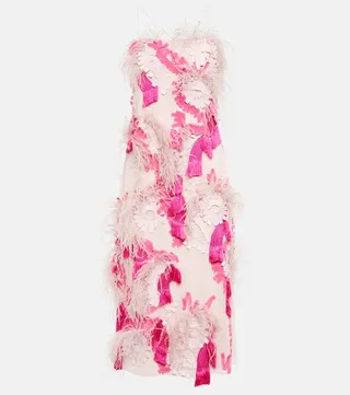 Feather-trimmed embroidered midi dress