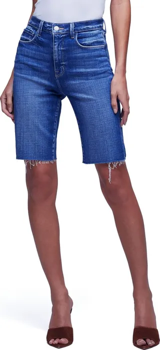 Cicely Raw Hem High Rise Bermuda Stretch Denim Shorts