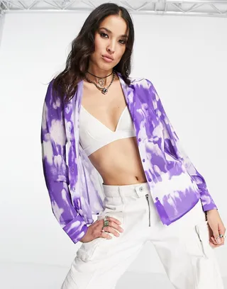 Weekday Lucid polyester mesh shirt in watercolor purple print - PURPLE