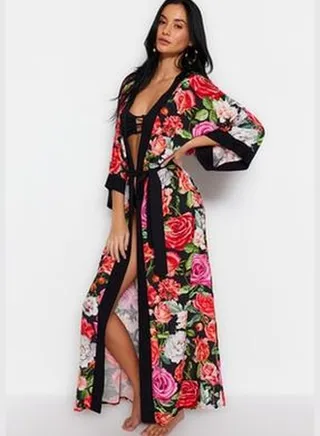 Maxi Woven Kimono & Kaftan with Floral Pattern Belt TBESS23KM00087