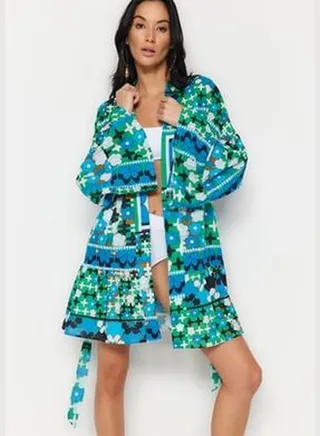 Floral Pattern Belted Mini-Weave 100% Cotton Kimono & Kaftan TBESS23KM00089