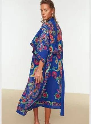 Paisley Patterned Belted Maxi-Weave 100% Cotton Kimono & Kaftan TBESS22KM0023