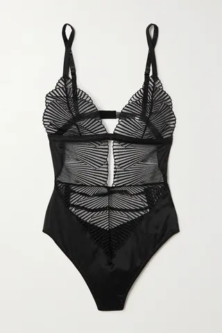 Coco de Mer - Athena Cutout Embroidered Tulle And Satin Bodysuit - Black