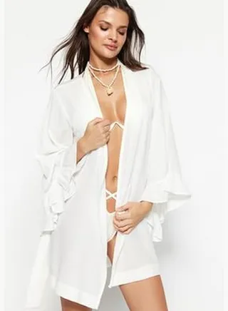 Ecru Belted Mini Woven Flywheel Kimono & Kaftan