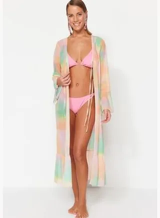 Gradient Patterned Maxi Knitted Ruffles Kimono & Kaftan TBESS23KM00043