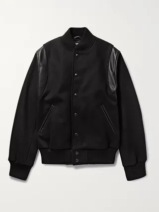 Hayes Leather-Panelled Melton Virgin Wool-Blend Bomber Jacket