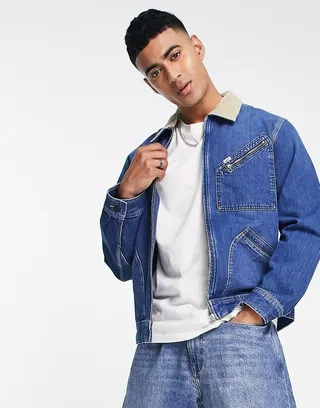 Lee zip front cord collar denim jacket in mid wash