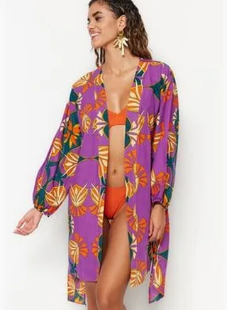 Ethnic Pattern Belted Mini Woven Balloon Sleeves 100% Cotton Kimono & Kaftan TBESS22KM0022