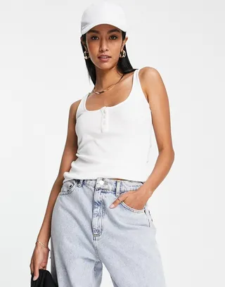 People Tree cotton ribbed button front fitted tank top