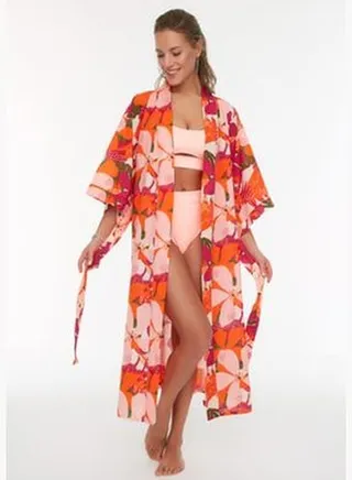 Floral Pattern Belted Maxi-Weave 100% Cotton Kimono & Kaftan TBESS22KM0030