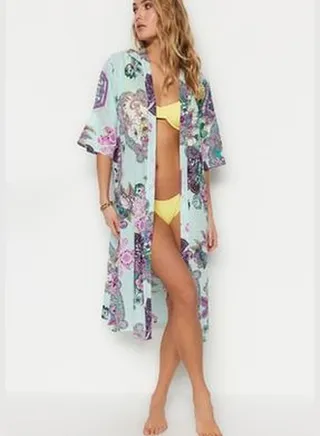 Floral Pattern Belted Maxi-Weave Hoodie 100% Cotton Kimono & Kaftan TBESS23KM00007