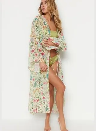 Maxi Woven Kimono & Kaftan with Floral Pattern Belt TBESS23KM00029