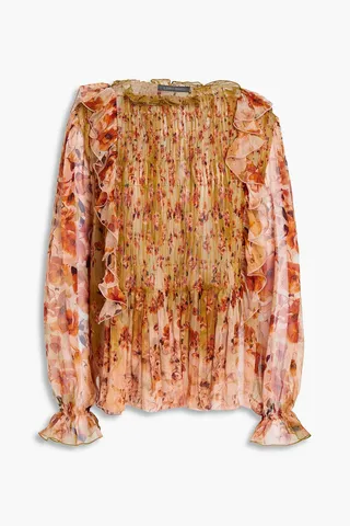 Ruffle-trimmed floral-print silk-crepon blouse