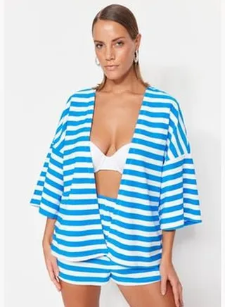 Blue Striped Belted Mini Knitted Kimono & Kaftan TBESS23KM00065