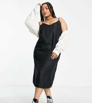 ASOS DESIGN Curve v neck midi slip dress in black
