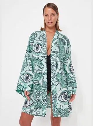 Ethnic Pattern Belted Mini-Weave 100% Cotton Kimono & Kaftan TBESS23KM00034