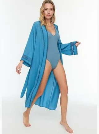 Turquoise Stripe Detailed Beach Kimono-Beach Kaftan TBESS21KM0008