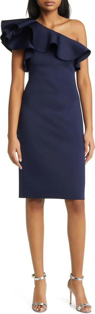 One-Shoulder Ruffle Neck Midi Dress